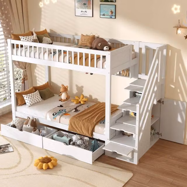 BTM White Solid Wood Single Loft Bed Frame with Storage Drawers and Stairs, W/D/H: 90 x 190 x 220 cm – 1