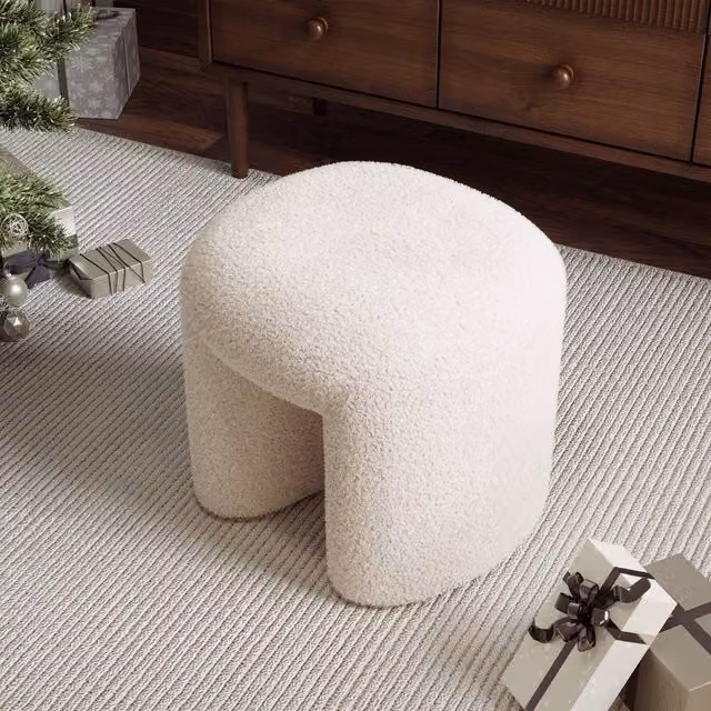 KORVIXA White Bouclé Plush Upholstery Pouffe Footstool, Diameter: 100 cm – 1