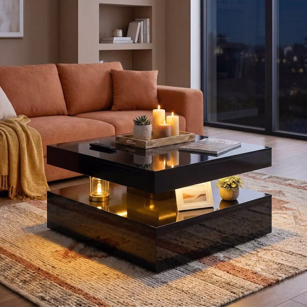 KORVIXA Black LED Coffee Table with Storage, W: 100 cm x D: 100 cm – 4