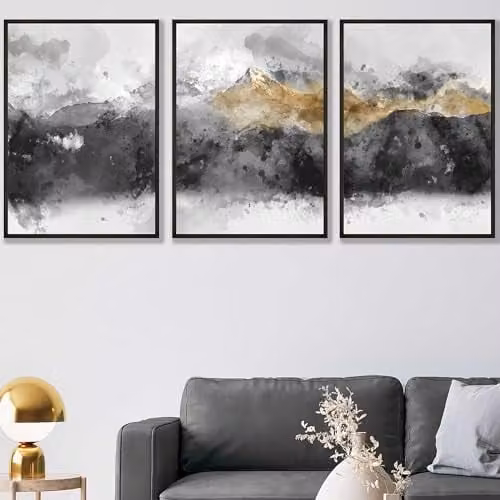 ARTZE Set of 3 Abstract Grey and Yellow Mountain Landscape Wall Art with Black Frames, W: 45 cm x H: 62 cm – 1