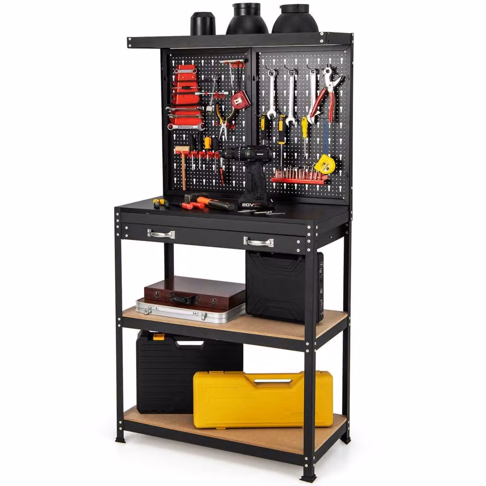 Costway Metal Tool Storage Workbench with Pegboard, Shelves and Drawer in Black and Multicolour, W: 156 cm, D: 120 cm, H: 41 cm – 4