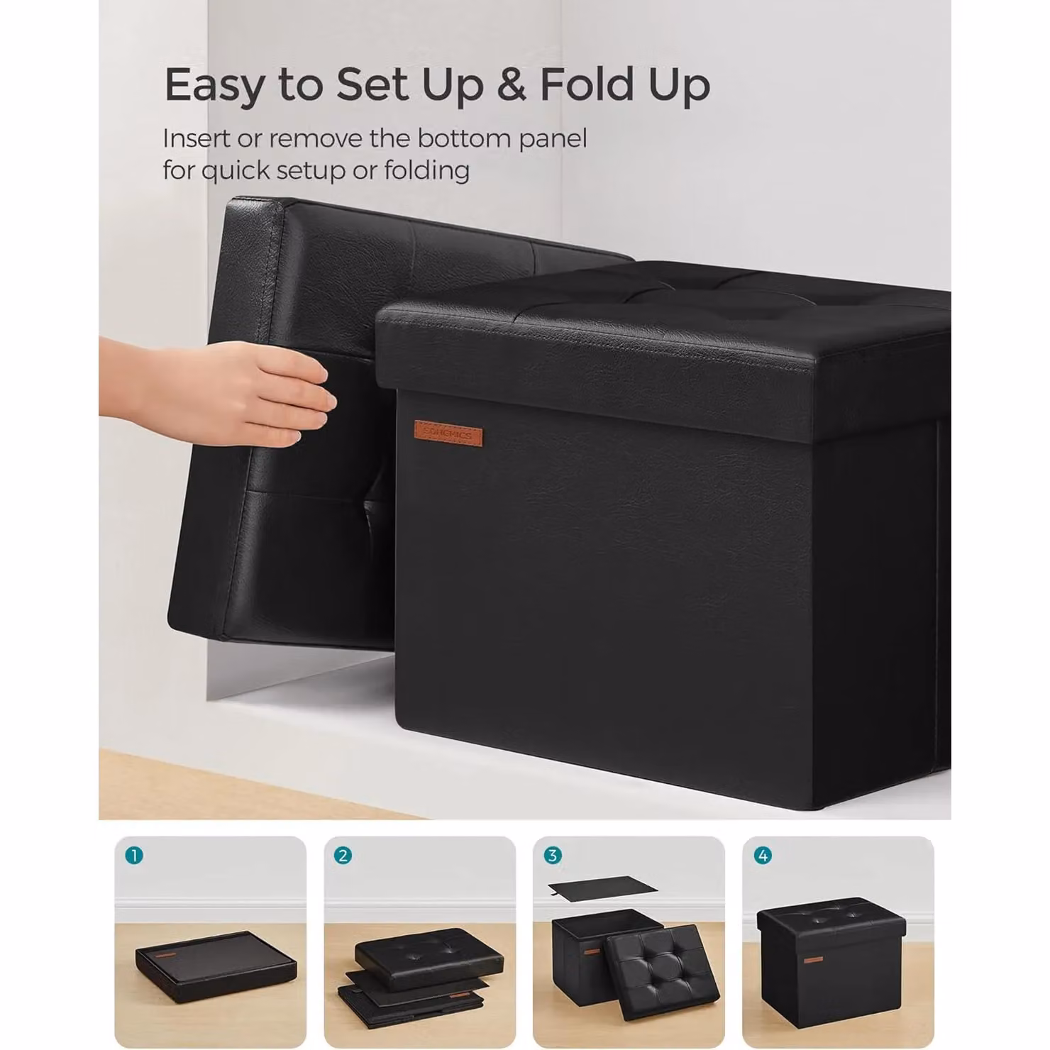 SONGMICS Small Cube Foldable Storage Ottoman and Foot Rest in Black Synthetic Leather – 5