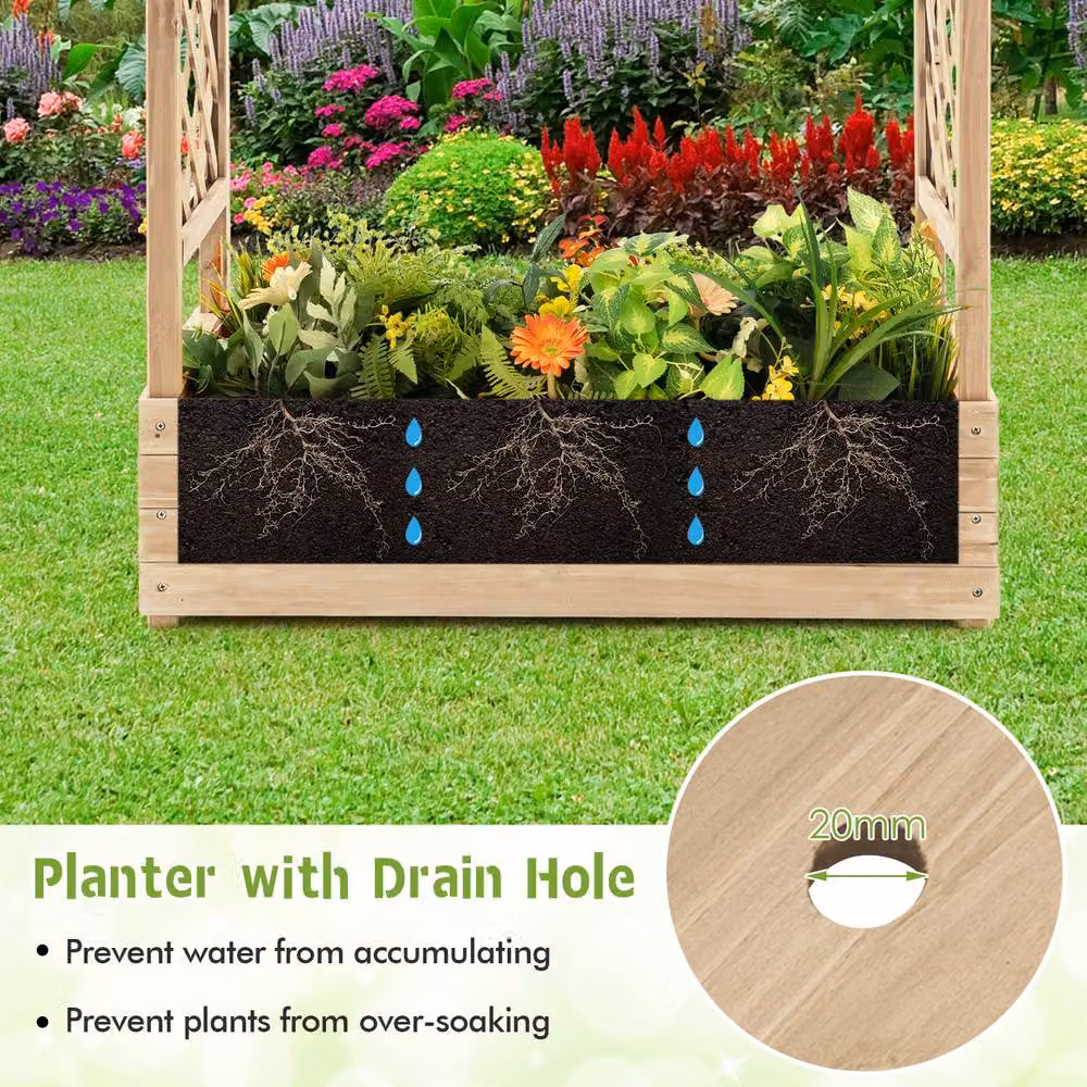 Costway Wooden Raised Garden Bed with Arch Trellis and Hanging Roof in Natural Brown – 4
