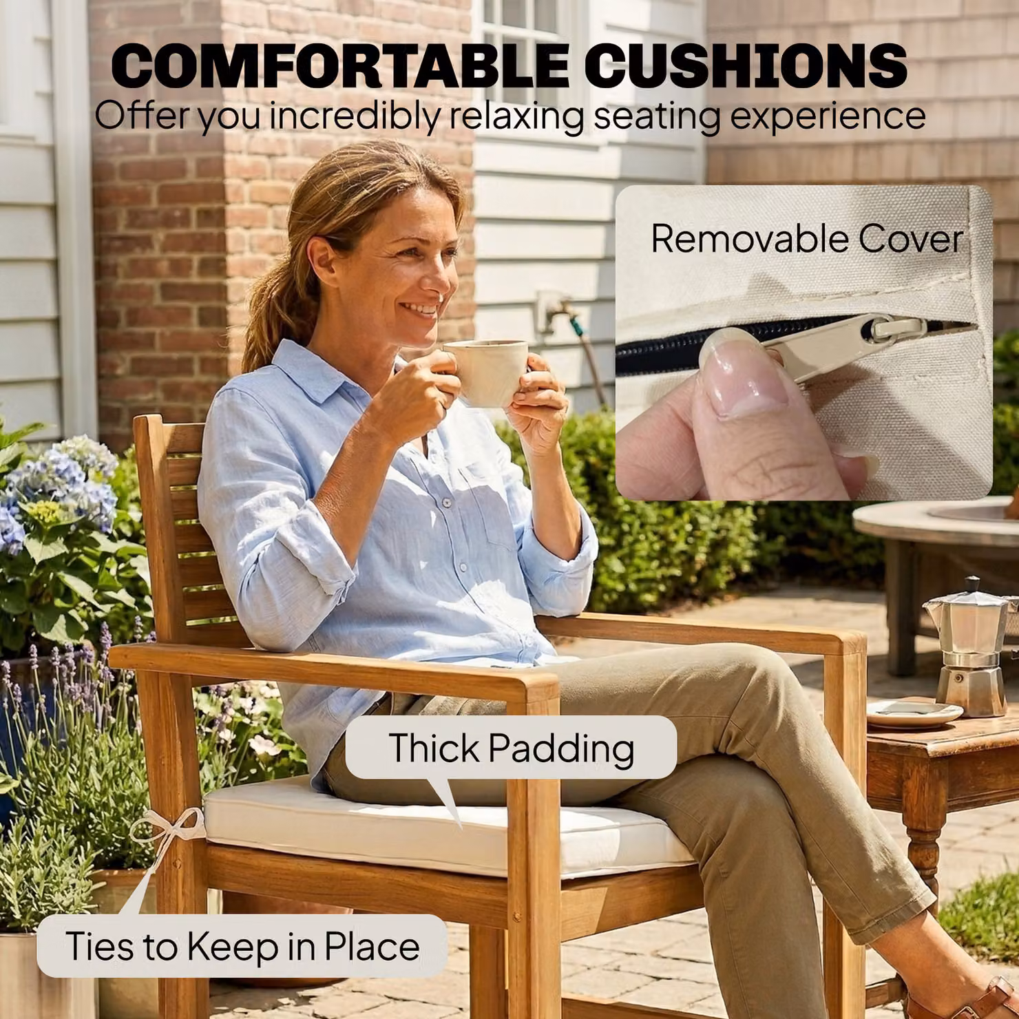 Outsunny 4 Seater Acacia Wood Garden Furniture Set with Loveseat, Armchairs and Table in Cream White and Brown – 5