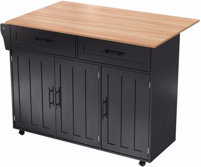 PAWNORA Rolling Kitchen Storage Trolley with Wood Countertop in Matt Black