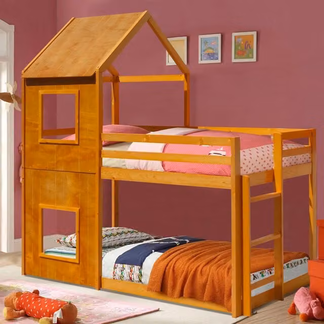 Comfy Living House Style Solid Wood Bunk Bed for Children in Brown, W/D/H: 90 x 190 cm