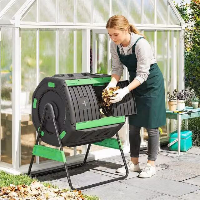 Outsunny Dual Chamber Garden Compost Bin 200L Outdoor Tumbler, Green
