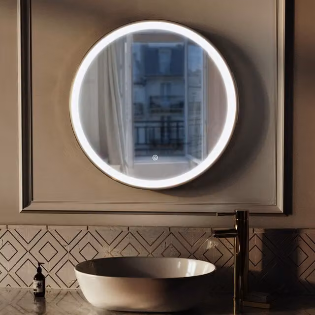 Nes Home Round LED Bathroom Mirror with Touch Sensor and Demister, Brushed Brass, W: 60 cm, H: 60 cm, D: 4 cm – 1