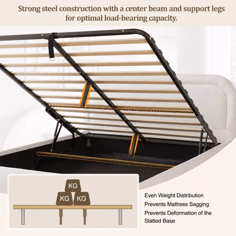 Rolipo Bouclé Fabric Ottoman Storage Bed Frame, Beige, W: 150 cm, D: 200 cm – 4