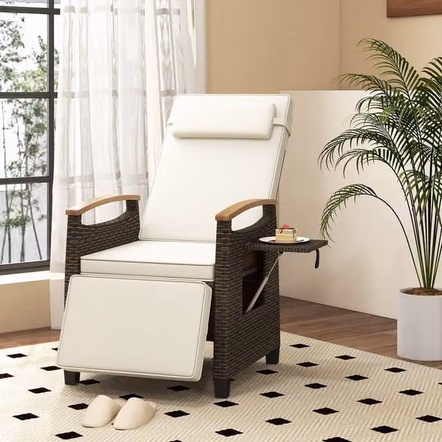 COSTWAY White Polyrattan Patio Lounge Chair with Acacia Wood Frame and Adjustable Headrest