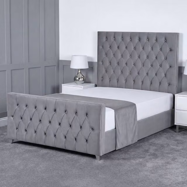 Living Comfort Bedz Vertex Plush Velvet Upholstered Bed with Slatted Base and 48 Inch Headboard in Grey, W/D/H: 120 x 200 cm
