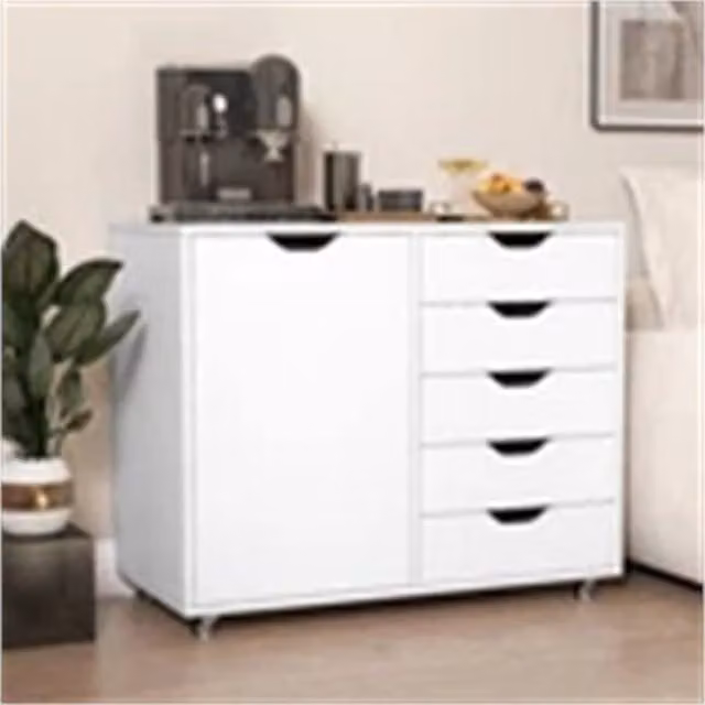 KORVIXA White Wooden Vertical Storage Dresser Cabinet with 5 Drawers and Door – 1