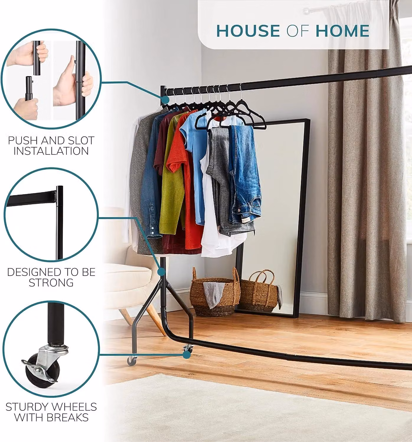 House of Home Heavy Duty Metal Clothes Rail in Matt Black, H 152.4 cm x W 152.4 cm – 3