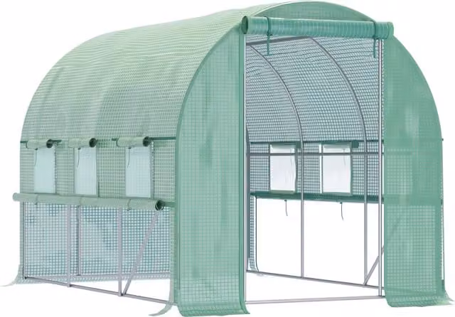 Outsunny Green Walk In Greenhouse Garden Polytunnel with PE Cover, Zipped Roll Up Door and 6 Mesh Windows, W: 300 cm, D: 200 cm, H: 200 cm – 1