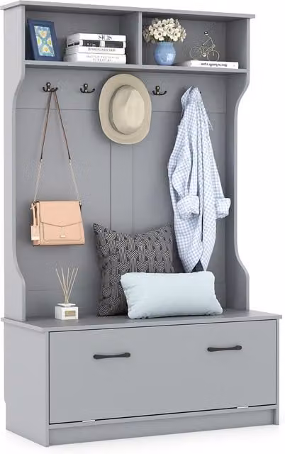 COSTWAY Modern Hall Tree with Bench and Coat Rack in Grey