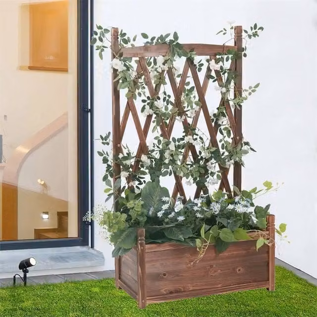 Nordara Brown Wooden Garden Planter with Trellis Pot Stand, W: 64 cm, D: 37 cm, H: 115 cm – 1