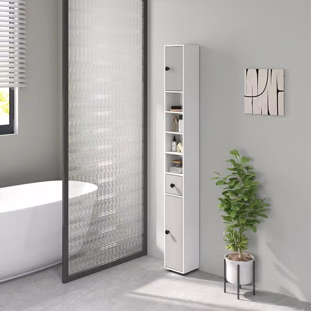 Kleankin Tall Slim Bathroom Cabinet in Light Grey, Height: 180 cm