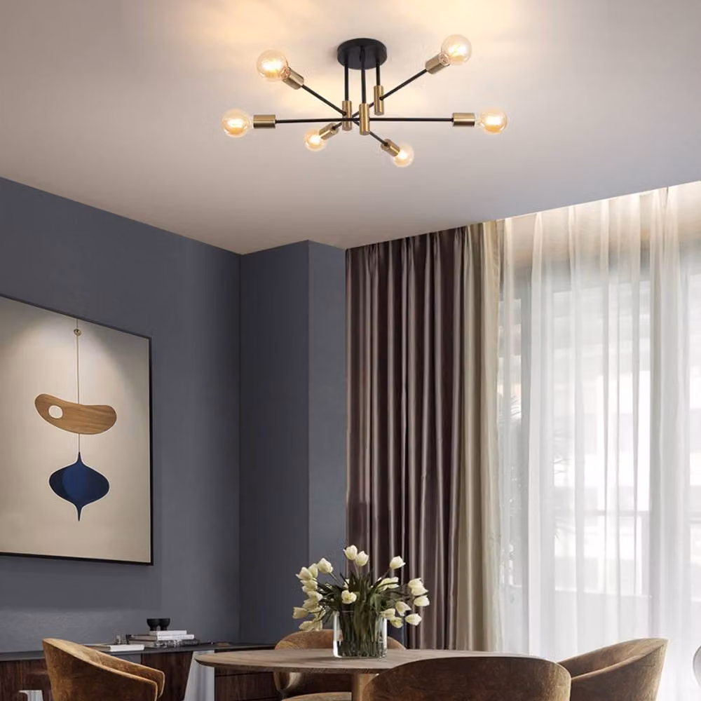 NIVOR Mid Century Industrial 6 Light Flush Mount Ceiling Chandelier in Gold/Brass and Black – 3