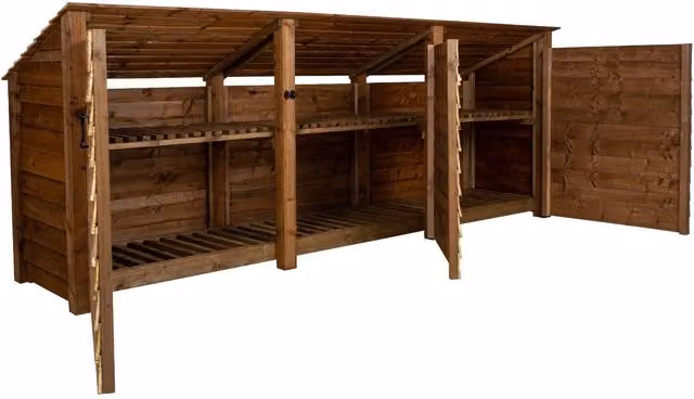 Arbor Garden Solutions Triple Bay Wooden Log Store with Reverse Roof, Doors and Shelving, Brown, Width: 126 cm