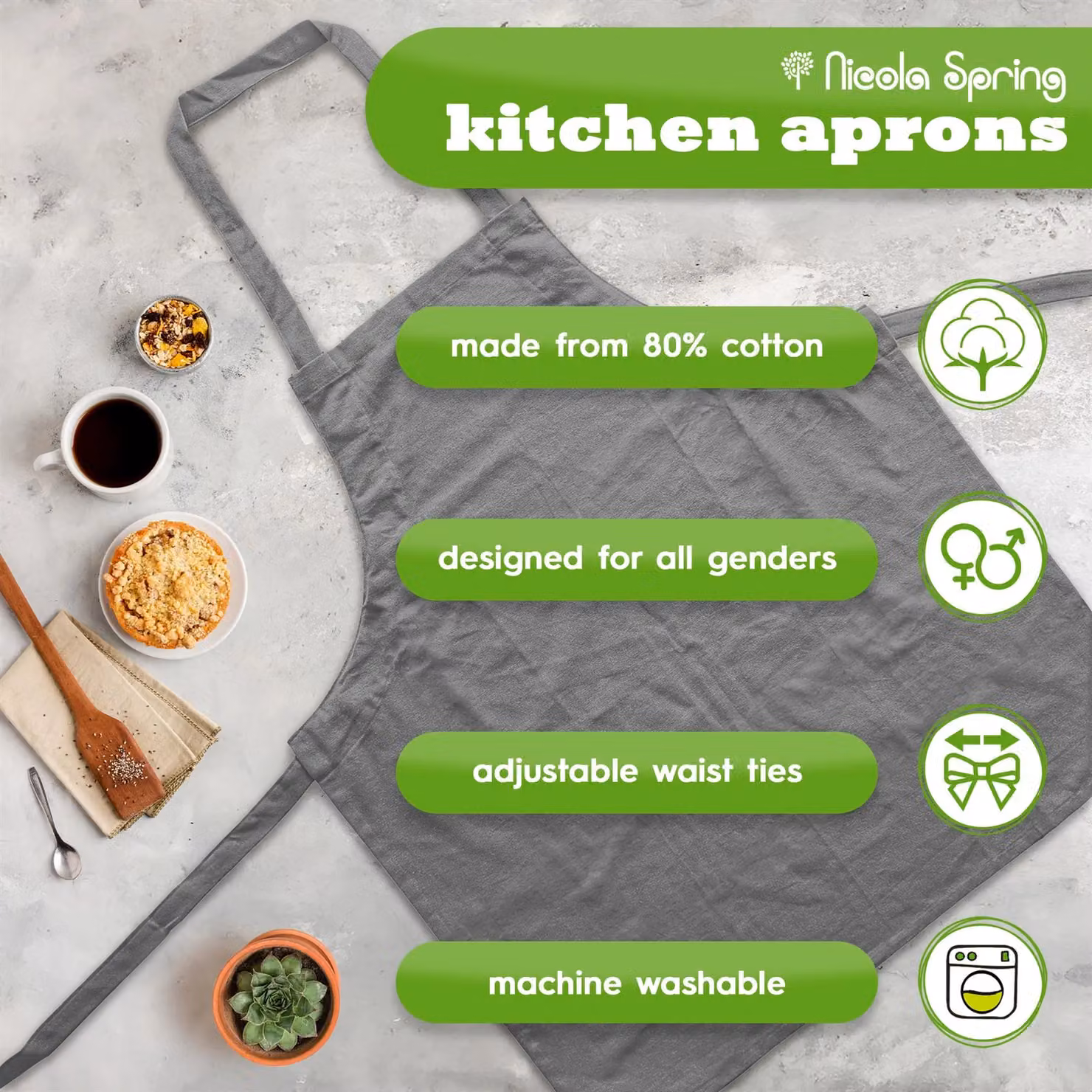 Nicola Spring Cotton Kitchen Bib Aprons, Pack of 2, Grey – 2