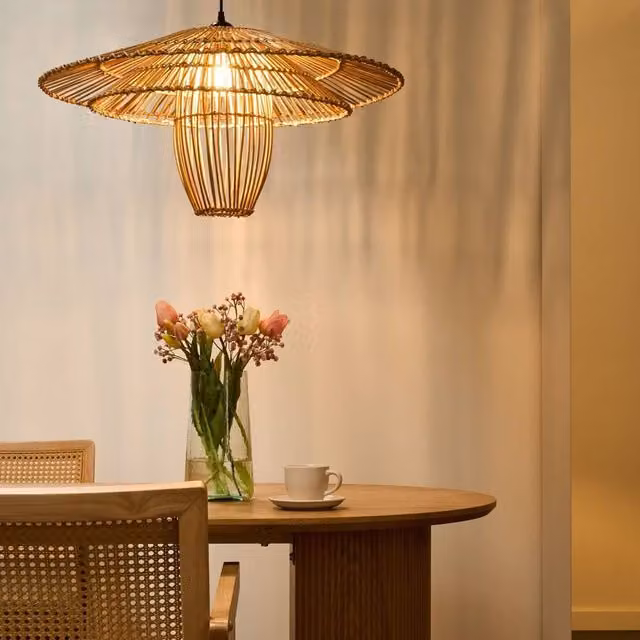 Wyld and Coco Natural Brown Rattan and Metal Round Pendant Lamp
