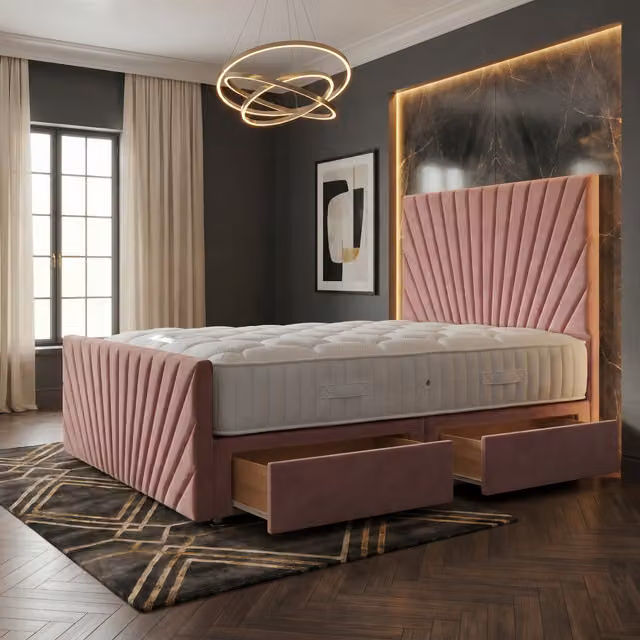 Somnior Beds Ltd Sunrise Pink Velvet Divan Bed with Mattress and Drawers W/D/H: 180 x 200 x 115 cm