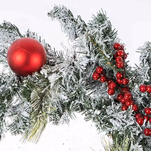 Homescapes Frosted Artificial Christmas Garland with Red Baubles and Artificial Snow in Red, White and Green – 2