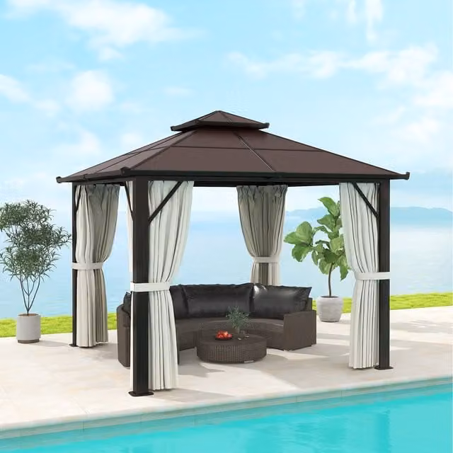 Outsunny Beige Polycarbonate Hardtop Gazebo with Aluminium Frame W/D/H: 300 x 300 x 300 cm
