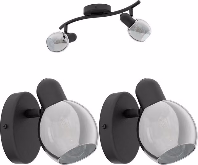 Loops Twin Ceiling Spotlight and 2x Matching Wall Lights in Black with Transparent Vaporised Glass