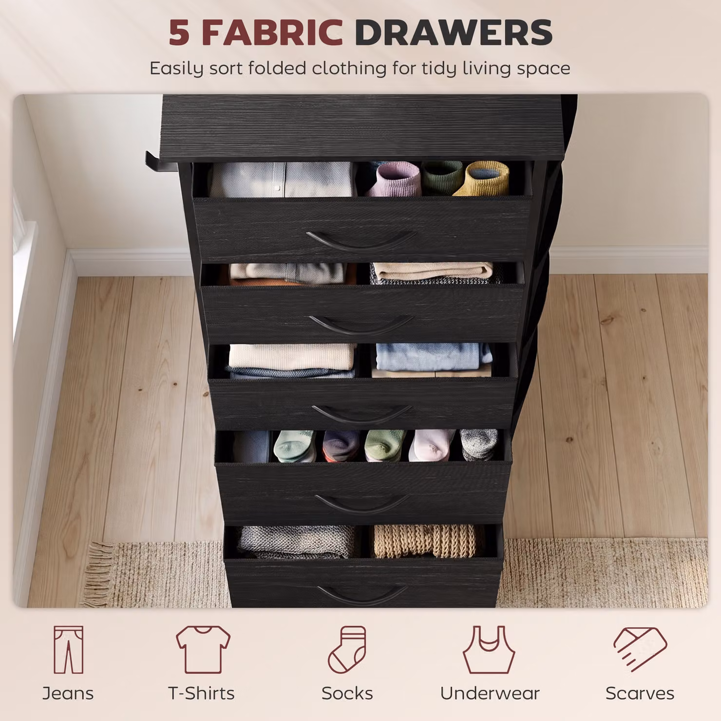 HOMCOM Modern Black Fabric Chest of Drawers with 5 Drawers and Metal Frame – 4