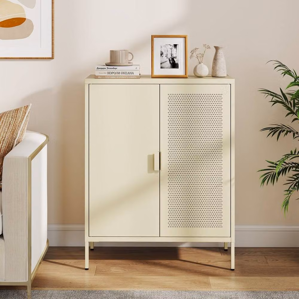 Kelvenix Metal Freestanding Storage Cabinet with 2 Hinged Doors and Internal Shelves in Sand Beige – 2
