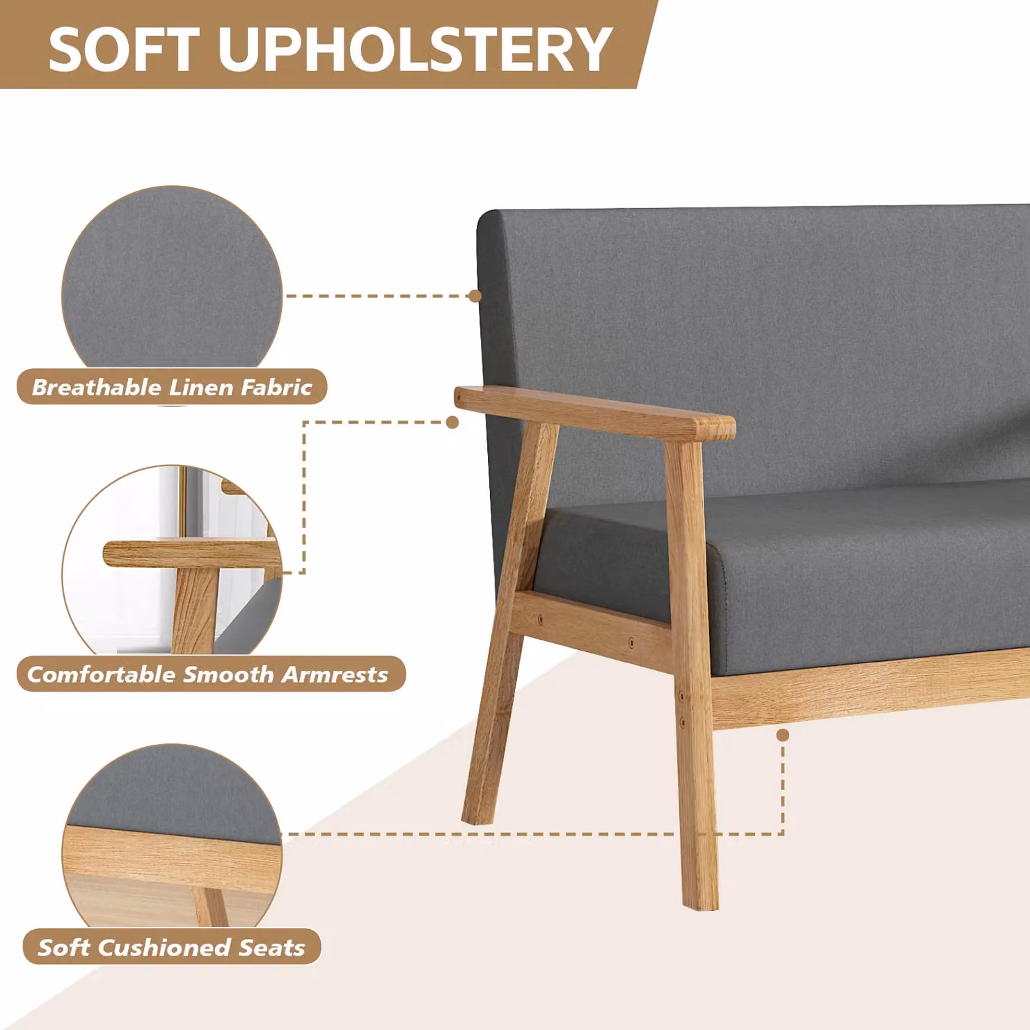 MCC Direct Modern 2 Seater Grey Linen Fabric Sofa with Solid Wood Frame – 2