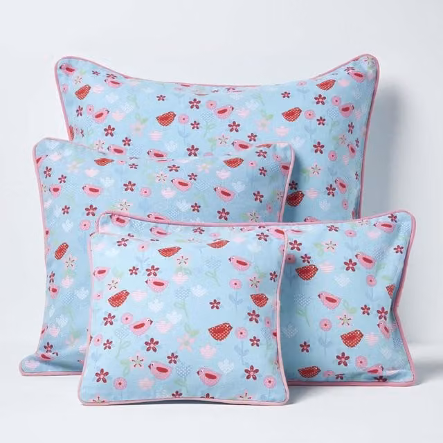 Homescapes Floral Cotton Square Cushion Cover in Blue, W: 60 cm x D: 60 cm x H: 60 cm