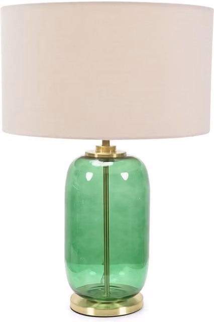 ValueLights Leigh Table Lamp with Forest Green Glass and Gold Trim and Fabric Drum Shade