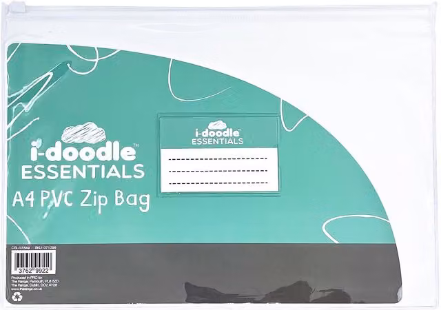 idoodle Transparent Turquoise A4 PVC Zip Bag