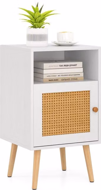 Costway White Rattan Nightstand with PE Rattan Decorated Door