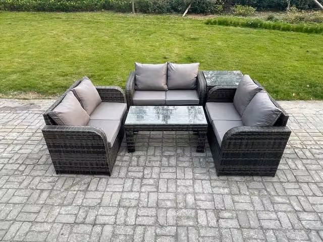 Fimous 6 Seater Rattan Garden Furniture Set with Coffee Table and Loveseat Sofa in Dark Grey