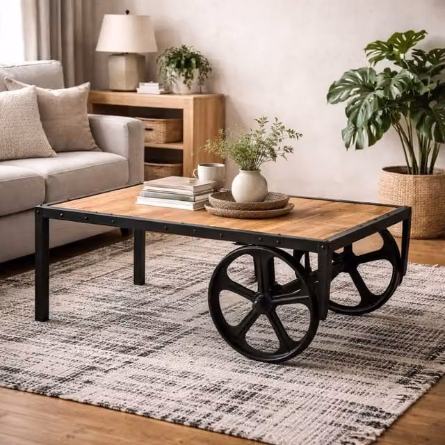 Wyld Haus Toivakka Industrial Reclaimed Wood and Metal Coffee Table with Castors, Brown