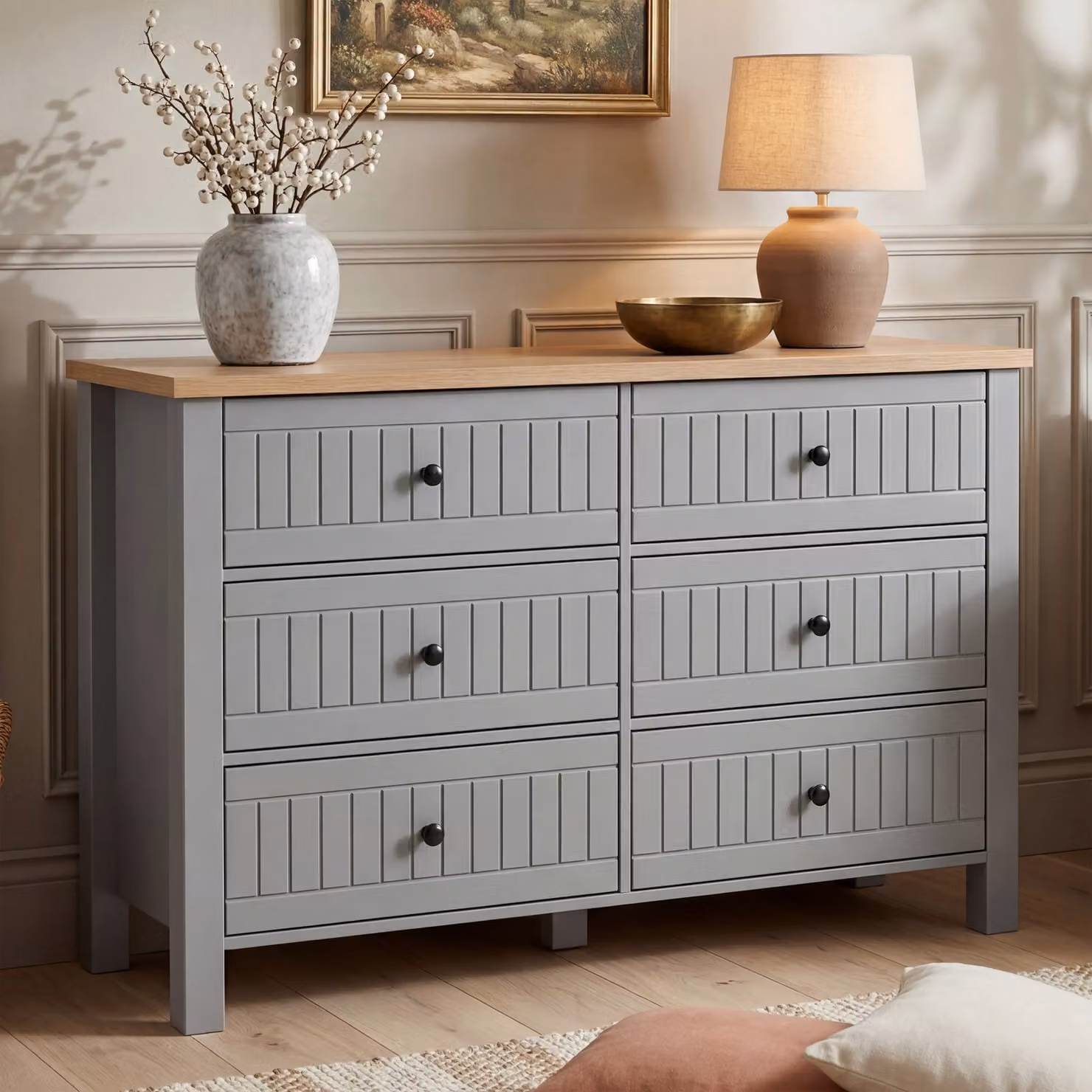 DHS Linra Grey Painted 6 Chest of Drawers Bedroom Dresser W/D/H: 120 x 42 x 80 cm