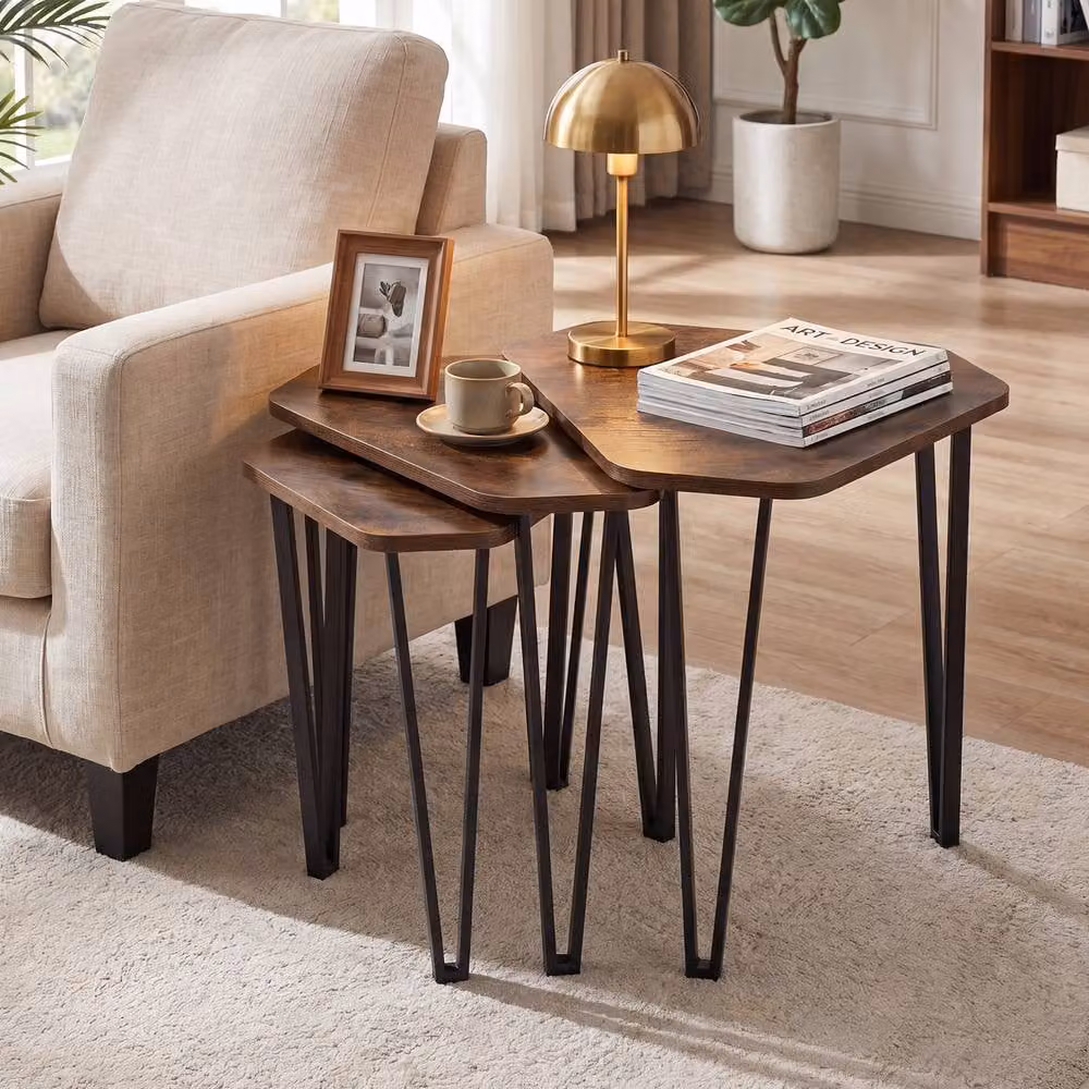 Costway Industrial Nesting Coffee Table Set with Irregular Hexagonal Glass and Metal Tops in Brown – 4