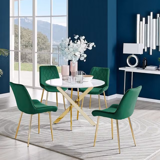 FurnitureboxUK Novara White Gloss Round Dining Table with 4 Green Pesaro Chairs and Gold Metal Legs