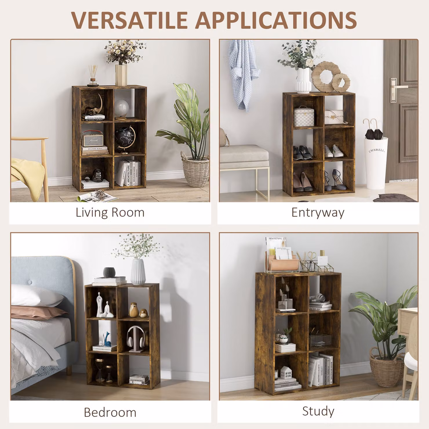 HOMCOM 3-Tier 6-Cube Storage Unit and Bookcase Organiser in Rustic Brown – 4