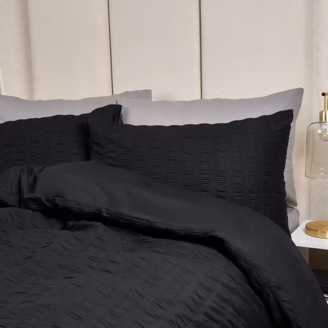 Highams Seersucker Duvet Cover and Pillowcase Bedding Set, Black, 200 x 200 cm