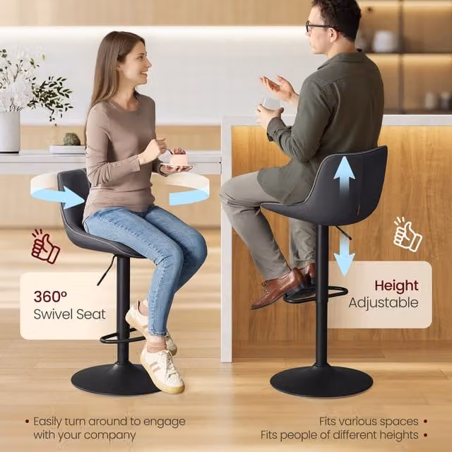 VASAGLE Set of 2 Modern Adjustable Height Swivel Bar Stools in Grey and Black