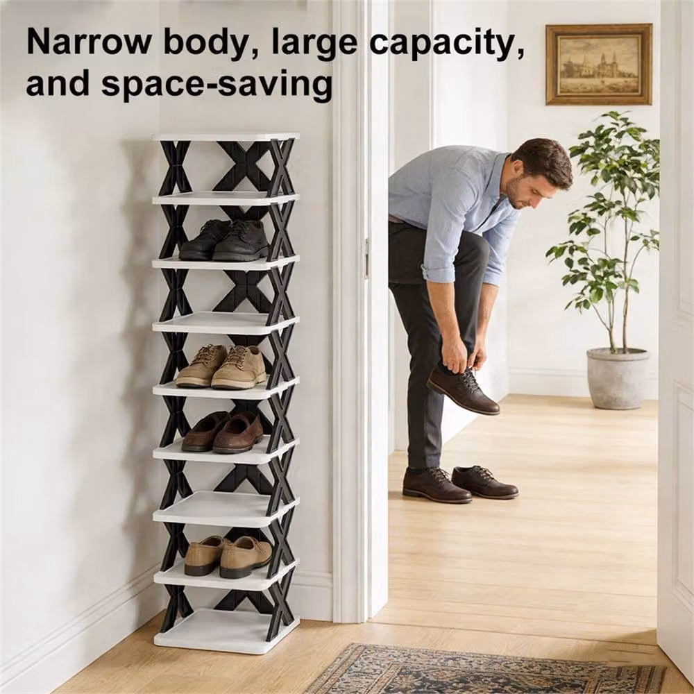 Nordara 8 Tier Narrow Stackable Free-Standing DIY Tall Shoe Storage Rack in White, H 100 cm x W 15 cm x D 15 cm – 4