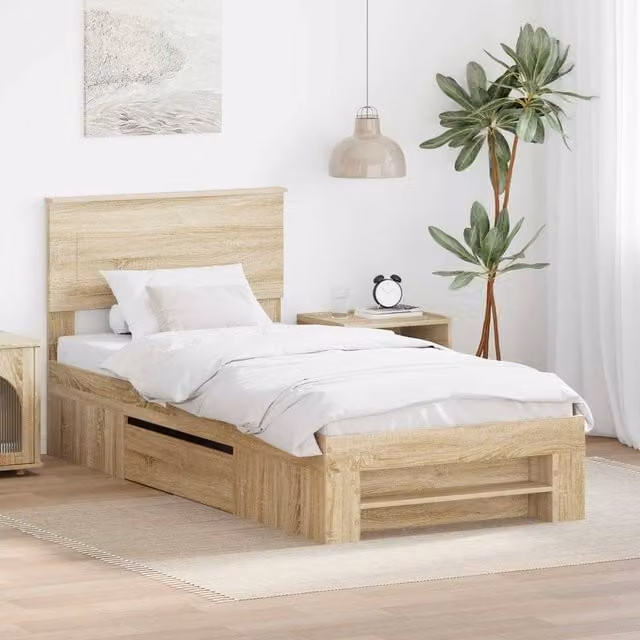Berkfield Home Sonoma Oak Bed Frame with Headboard in Brown, W/D/H: 80 x 200 cm – 1