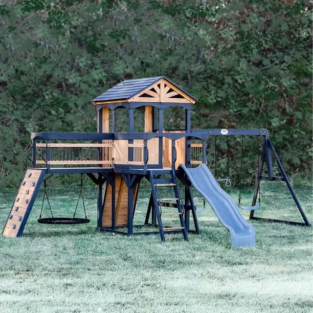 Backyard Discovery Timber Crossing Outdoor Playcentre and Swingset with Slide in Brown and Black