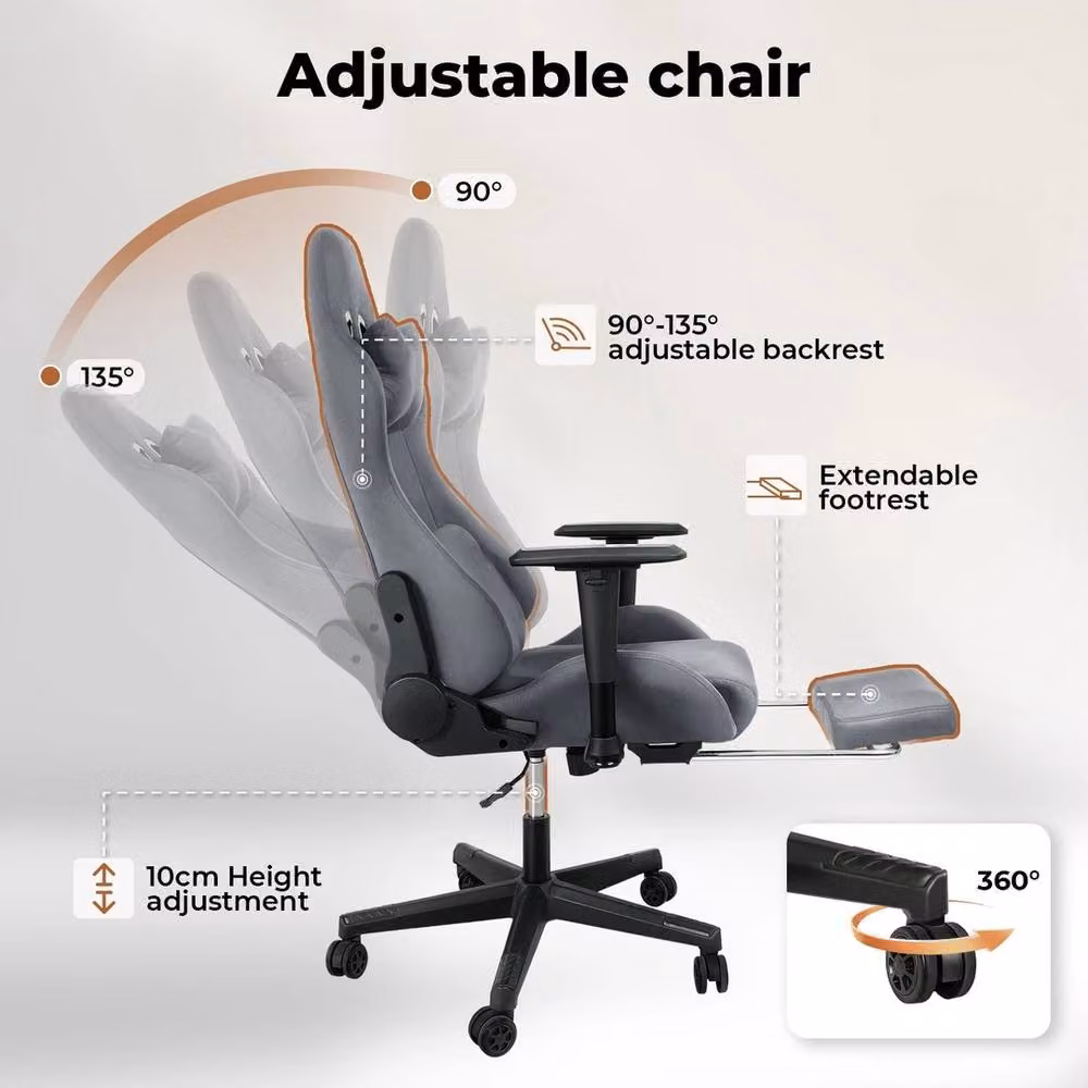VOGREX Grey Microfibre Adjustable Reclining Gaming Chair with Footrest and Headrest – 4