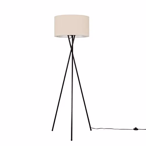 ValueLights Camden Black Metal Tripod Floor Lamp with Beige Fabric Cylinder Shade – 1