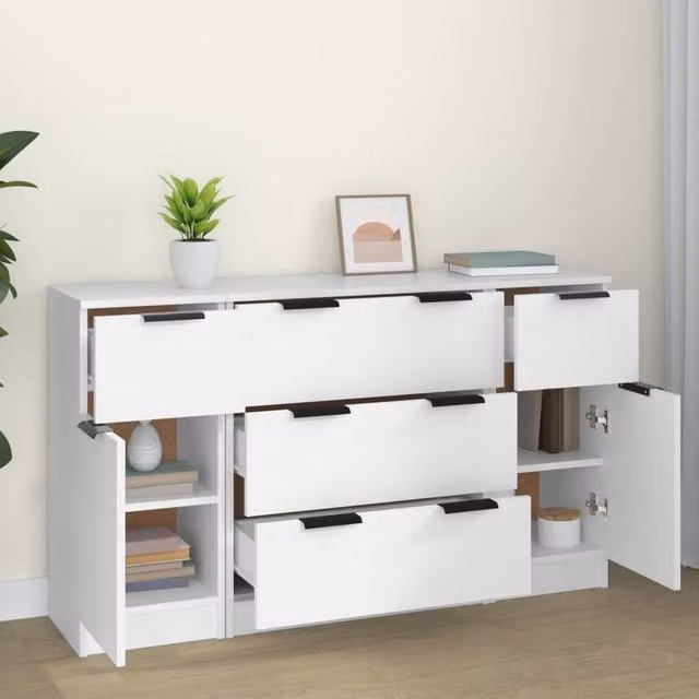 Berkfield Home Modern 3 Piece Sideboard Set in White Matt MDF, W/D/H: 120 x 30 x 70 cm, 70 x 30 x 60 cm, 30 x 30 x 70 cm – 1